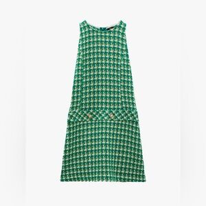 Zara Green and White Houndstooth Textured Pinafore Mini Dress, size small